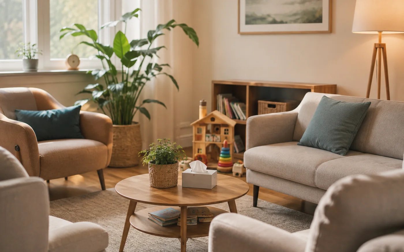 Sunlit therapy space with comfortable chairs, plants, and warm lighting.
