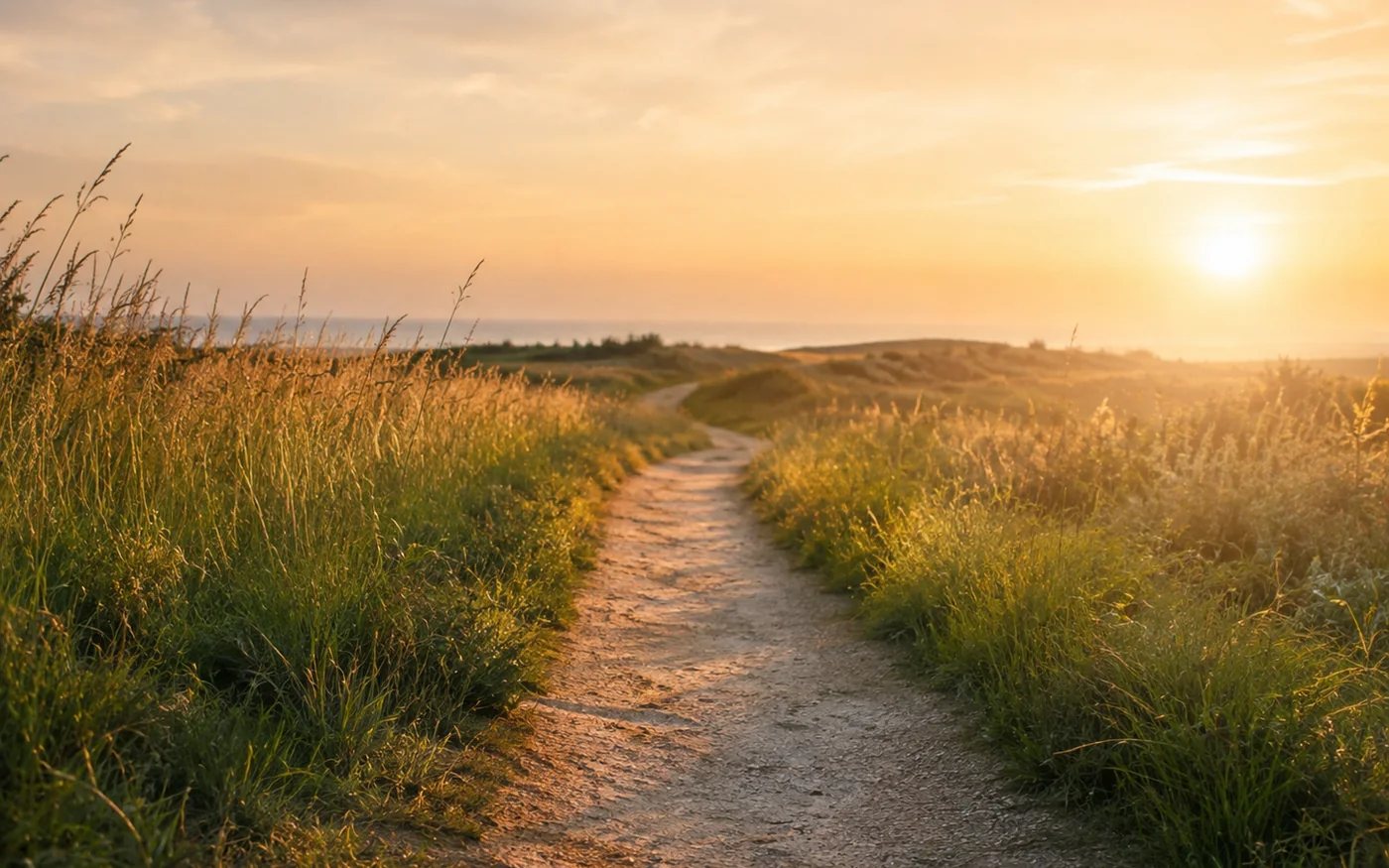 Sunlit path through tall grass at golden hour.