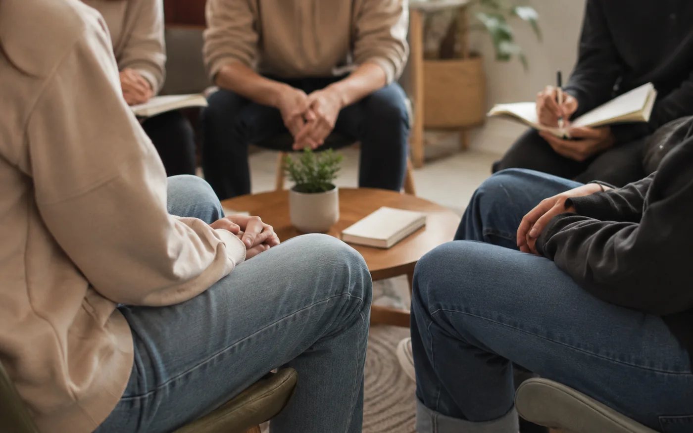 People seated around a coffee table in a casual group discussion, shown without visible faces.